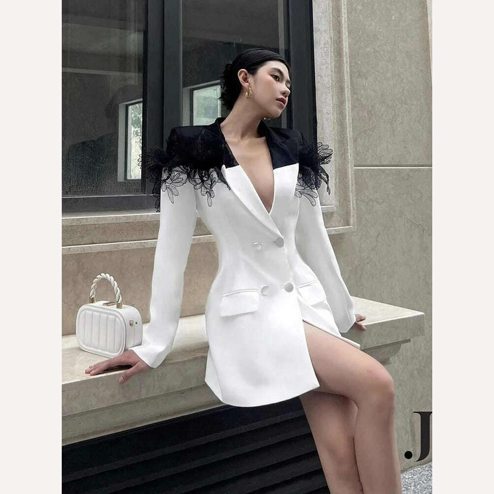 TWOTWINSTYLE Colorblock Temperament Blazers For Women Notched Collar Long Sleeve Patchwork Double Breasted Slim Blazer Female - KIMLUD