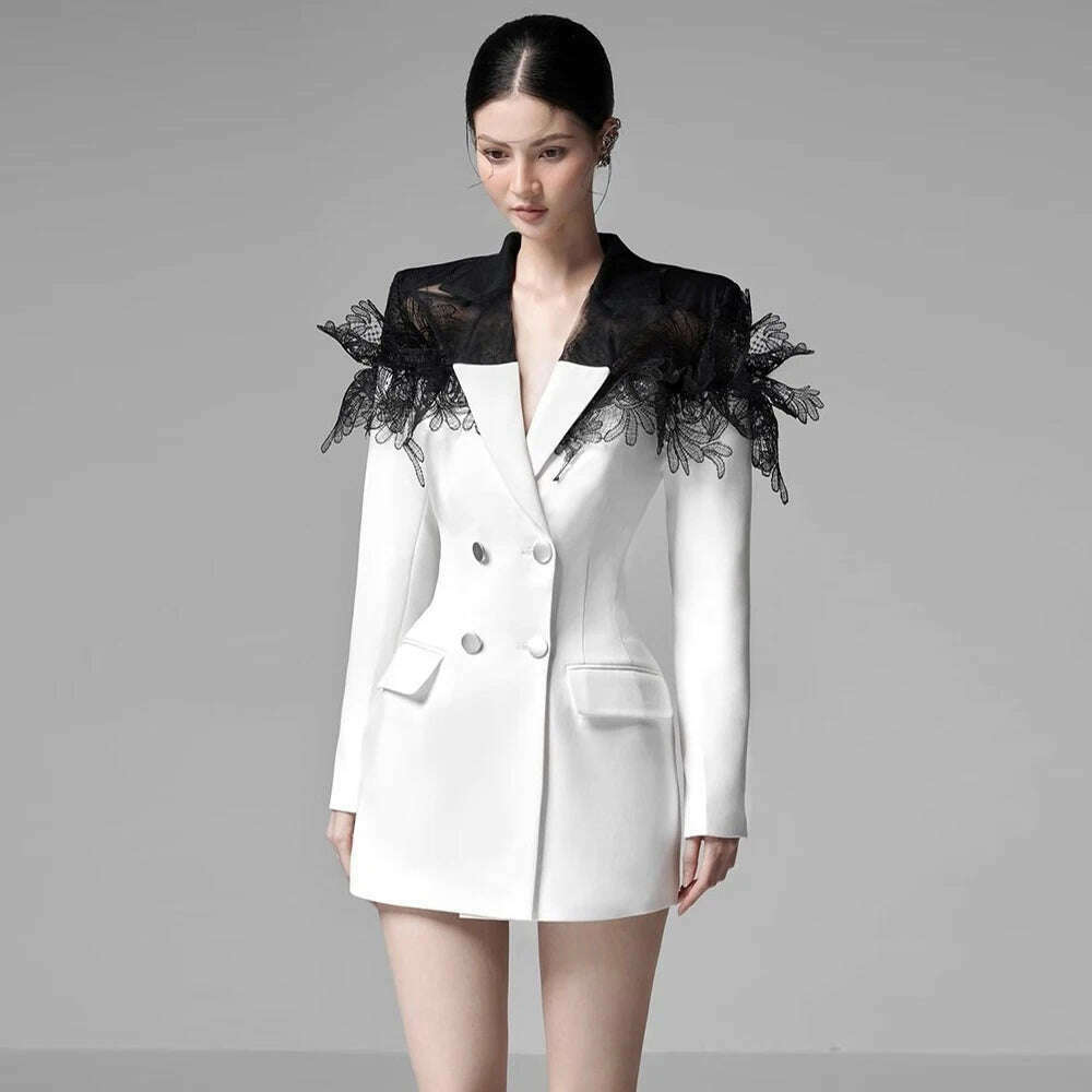 TWOTWINSTYLE Colorblock Temperament Blazers For Women Notched Collar Long Sleeve Patchwork Double Breasted Slim Blazer Female - KIMLUD