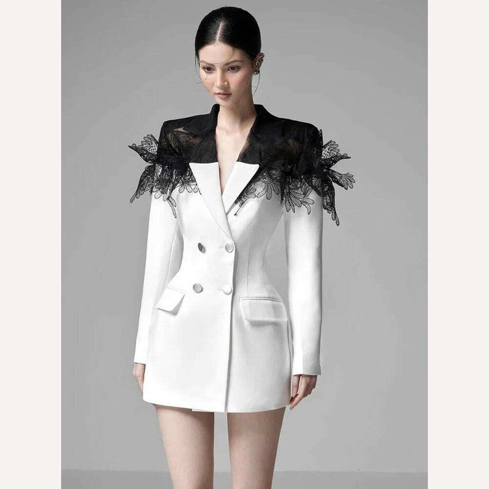 TWOTWINSTYLE Colorblock Temperament Blazers For Women Notched Collar Long Sleeve Patchwork Double Breasted Slim Blazer Female - KIMLUD