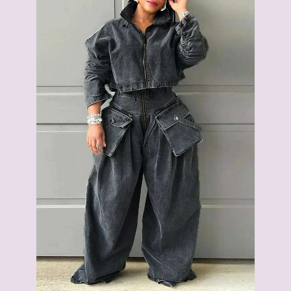 KIMLUD, TWOTWINSTYLE Denim Casual Two Piece Sets For Women Stand Collar Long Sleeve Tops High Waist Wide Leg Pant Chic Set Female Style, KIMLUD Womens Clothes