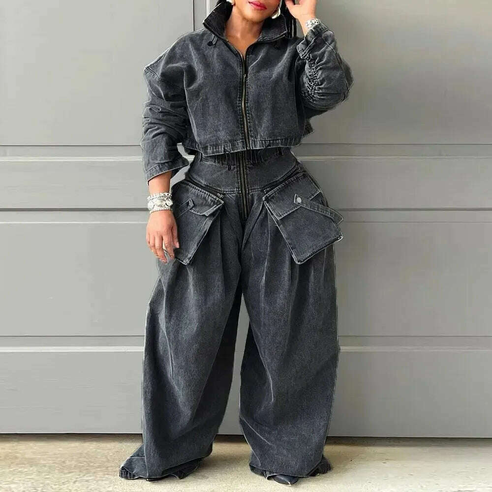 KIMLUD, TWOTWINSTYLE Denim Casual Two Piece Sets For Women Stand Collar Long Sleeve Tops High Waist Wide Leg Pant Chic Set Female Style, DARKGREY / S, KIMLUD APPAREL - Womens Clothes