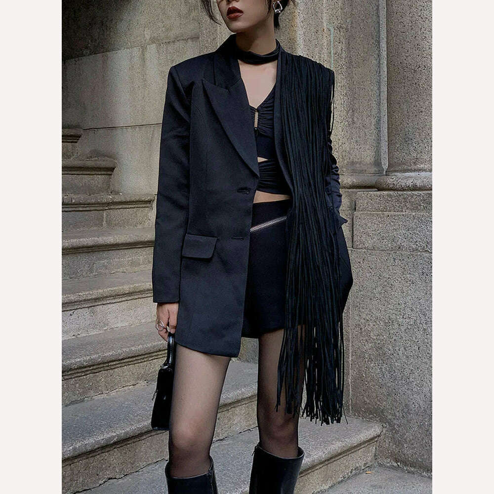 KIMLUD, TWOTWINSTYLE Korean Fashion Black Patchwork Tassels Blazer For Women Notched Collar Long Sleeve Solid Blazers Female Spring 2023, KIMLUD Womens Clothes