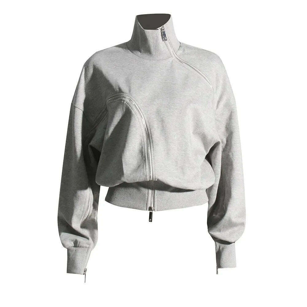 KIMLUD, TWOTWINSTYLE Minimalist Casual Sweatshirts For Women Turtleneck Long Sleeve Patchwork Zipper Streetwear Sweatshirt Female Style, GRAY / S, KIMLUD APPAREL - Womens Clothes