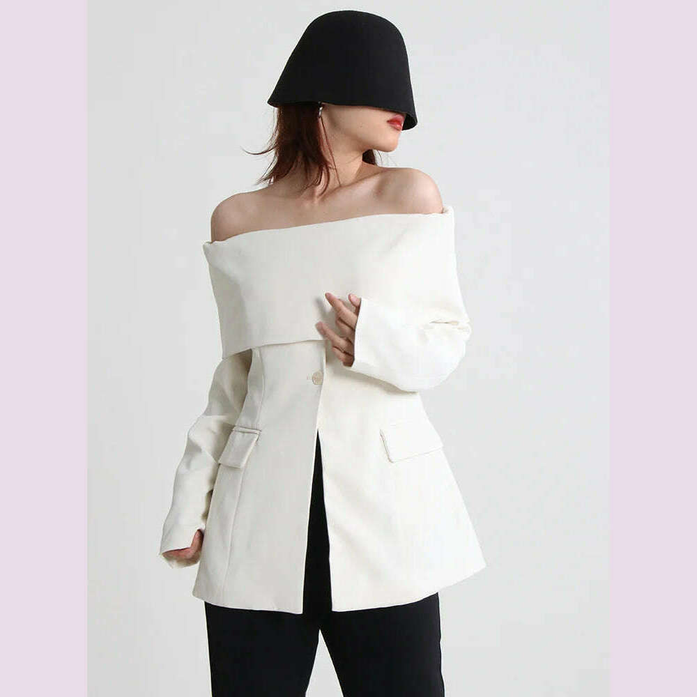 TWOTWINSTYLE Minimalist Solid Slash Neck Blazer For Women Long Sleeve Off Shoulder Straight Blazers Female Clothing New Fashion - KIMLUD