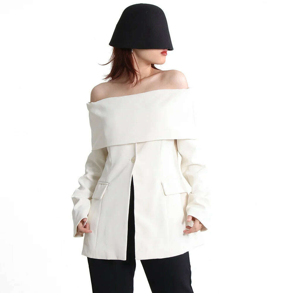 TWOTWINSTYLE Minimalist Solid Slash Neck Blazer For Women Long Sleeve Off Shoulder Straight Blazers Female Clothing New Fashion - KIMLUD