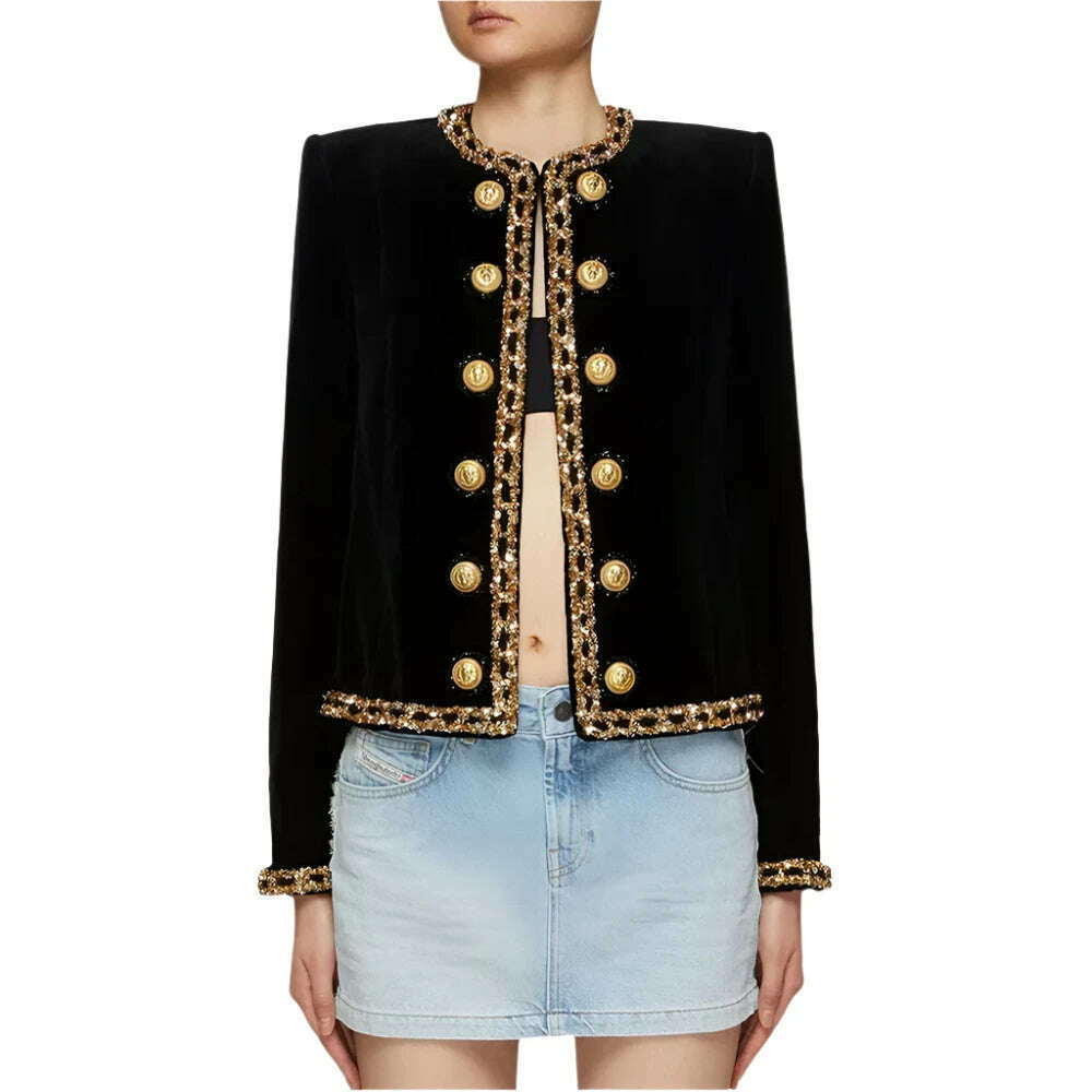 TWOTWINSTYLE Patchwork Sequins Chic Coats For Women Round Neck Long Sleeve Spliced Metal Buckle Casual Jackets Female Fashion - KIMLUD