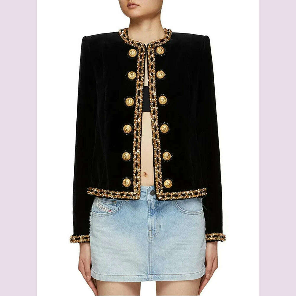 TWOTWINSTYLE Patchwork Sequins Chic Coats For Women Round Neck Long Sleeve Spliced Metal Buckle Casual Jackets Female Fashion - KIMLUD