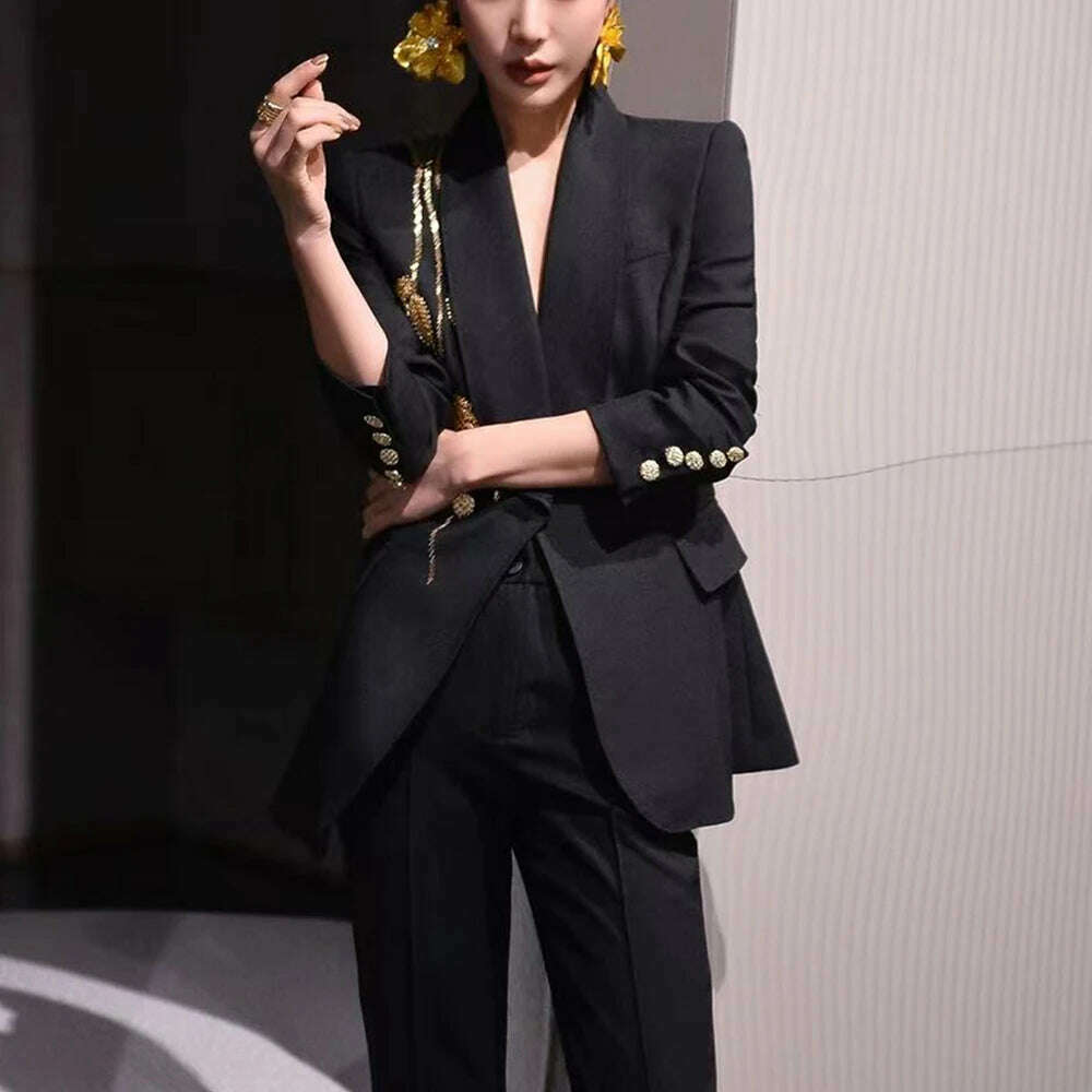 KIMLUD, TWOTWINSTYLE Solid Slimming Spliced Bead Elegant Blazer for Women Lapel Long Sleeves Patchwork Buttons Coat Female Clothing New, KIMLUD Womens Clothes