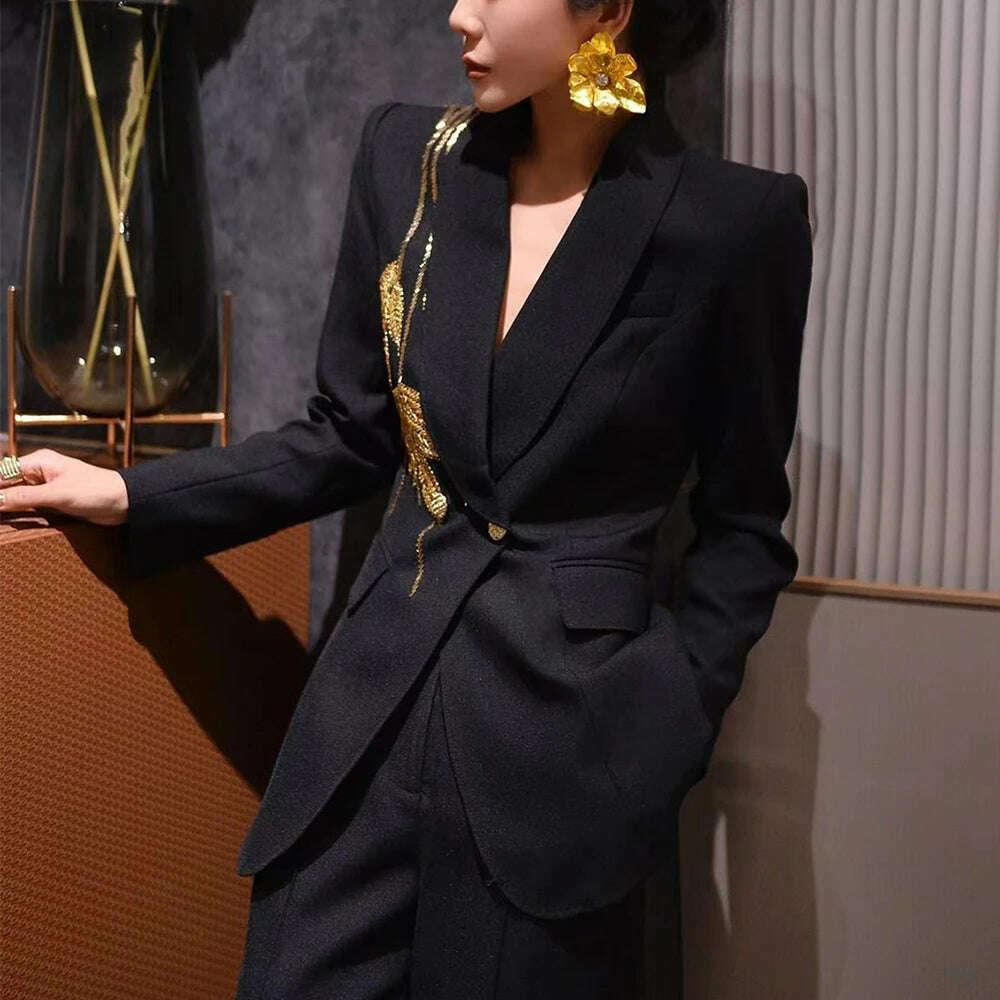 KIMLUD, TWOTWINSTYLE Solid Slimming Spliced Bead Elegant Blazer for Women Lapel Long Sleeves Patchwork Buttons Coat Female Clothing New, KIMLUD Womens Clothes