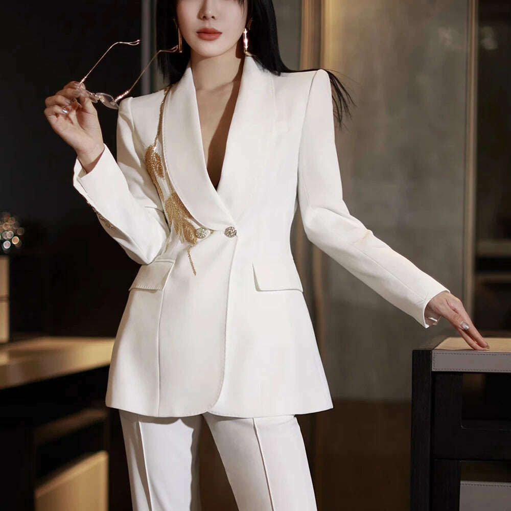 KIMLUD, TWOTWINSTYLE Solid Slimming Spliced Bead Elegant Blazer for Women Lapel Long Sleeves Patchwork Buttons Coat Female Clothing New, KIMLUD Womens Clothes