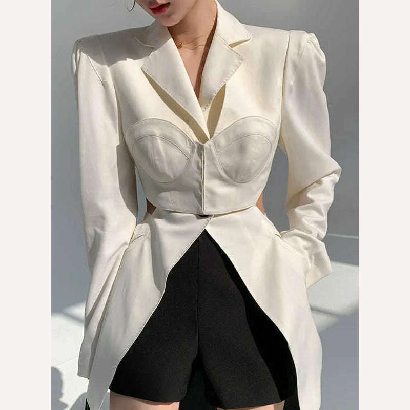 KIMLUD, TWOTWINSTYLE White Casual Blazer For Women Notched Long Sleeve Hollow Out Korean Straight Blazers Female 2021 Spring Fashion New, White / S, KIMLUD APPAREL - Womens Clothes