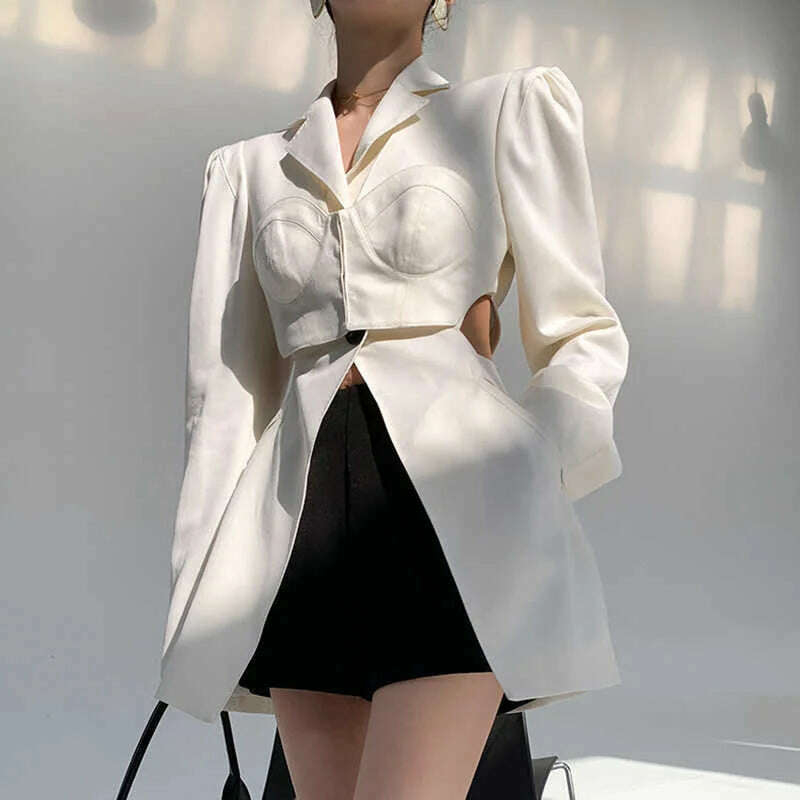 KIMLUD, TWOTWINSTYLE White Casual Blazer For Women Notched Long Sleeve Hollow Out Korean Straight Blazers Female 2021 Spring Fashion New, KIMLUD Womens Clothes