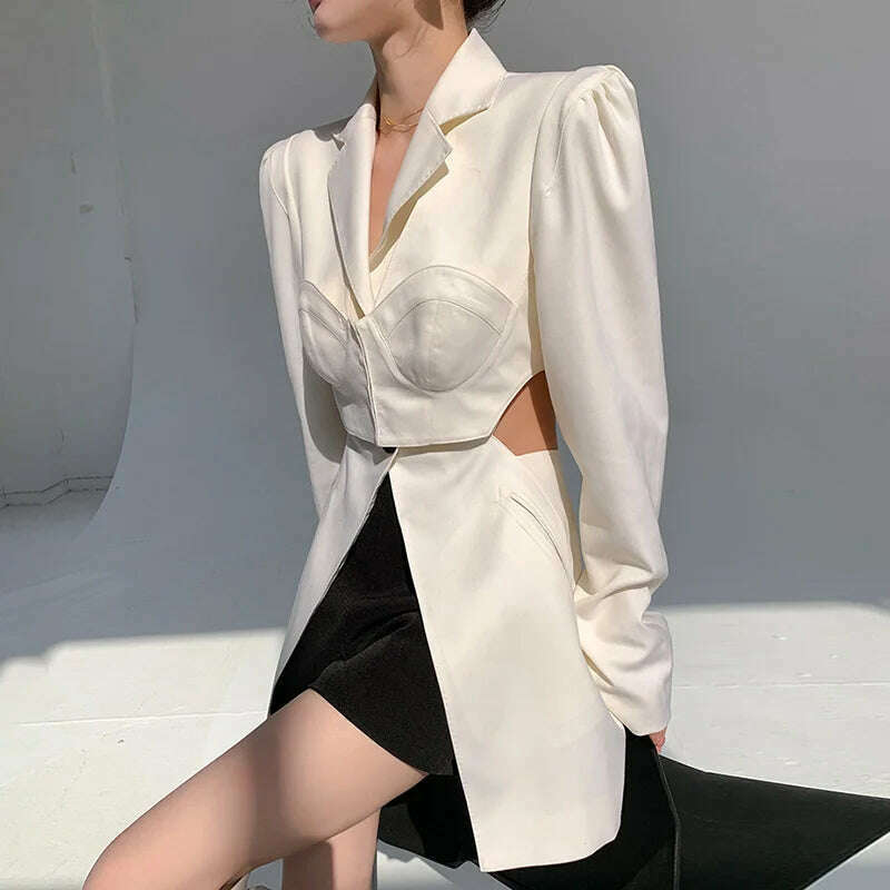 KIMLUD, TWOTWINSTYLE White Casual Blazer For Women Notched Long Sleeve Hollow Out Korean Straight Blazers Female 2021 Spring Fashion New, KIMLUD Womens Clothes