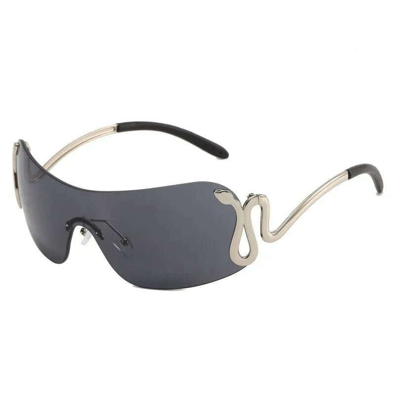 KIMLUD, Uemi New Fashion Rimless Sunglasses For Women Men Luxury Snake Decoration Metal Frame Sun Glasses Shades UV400 Eyeglasses, Silver Black / As the picture, KIMLUD Womens Clothes