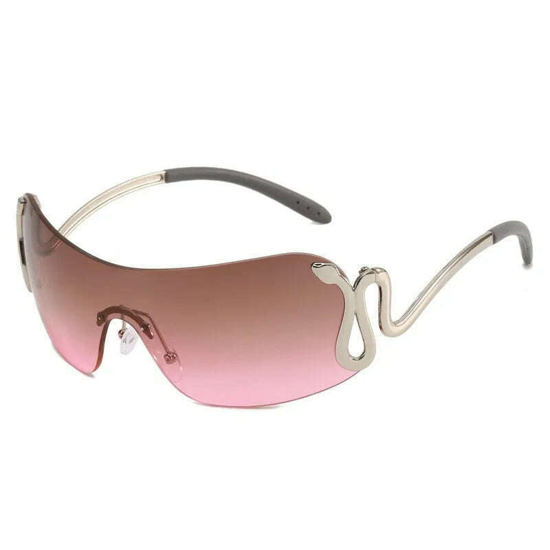 KIMLUD, Uemi New Fashion Rimless Sunglasses For Women Men Luxury Snake Decoration Metal Frame Sun Glasses Shades UV400 Eyeglasses, Silver Tea Pink / As the picture, KIMLUD Womens Clothes