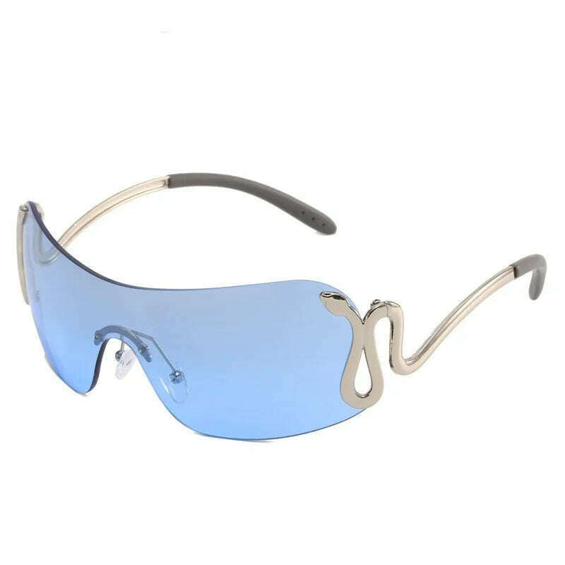 KIMLUD, Uemi New Fashion Rimless Sunglasses For Women Men Luxury Snake Decoration Metal Frame Sun Glasses Shades UV400 Eyeglasses, Silver Blue / As the picture, KIMLUD Womens Clothes
