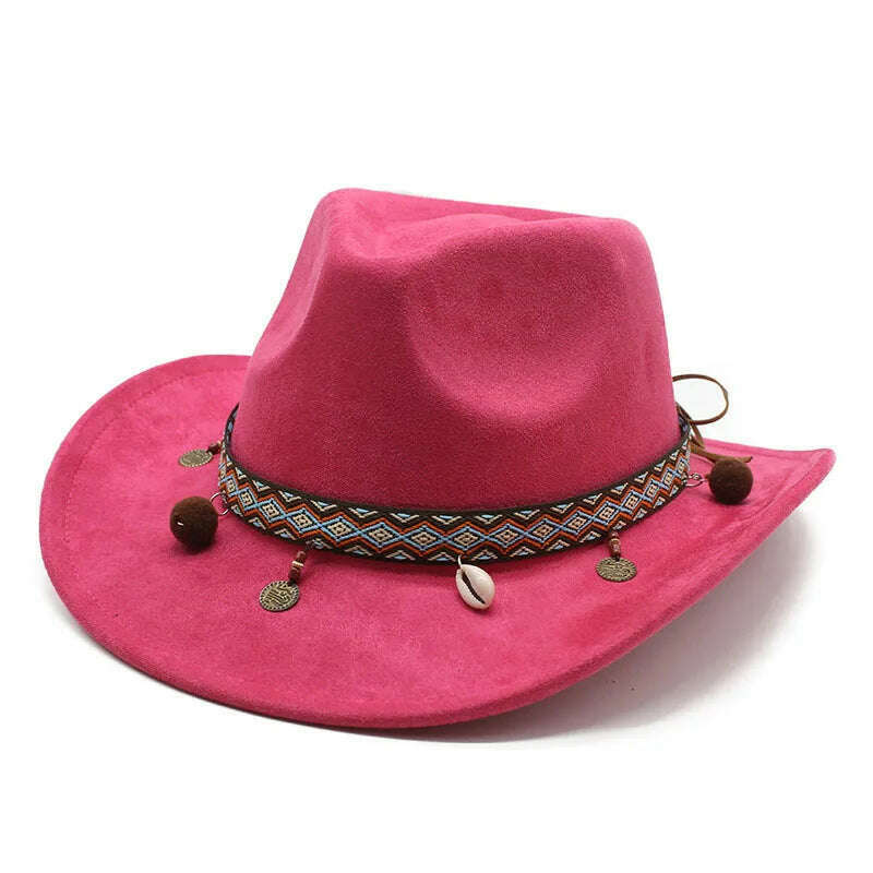 KIMLUD, Unisex Cowboy Hats Western Caps For Women And Men Suede 57-58cm Decorative Shells Braided Straps Retro Design Jazz Style NZ0125, Red / 57-58cm, KIMLUD APPAREL - Womens Clothes