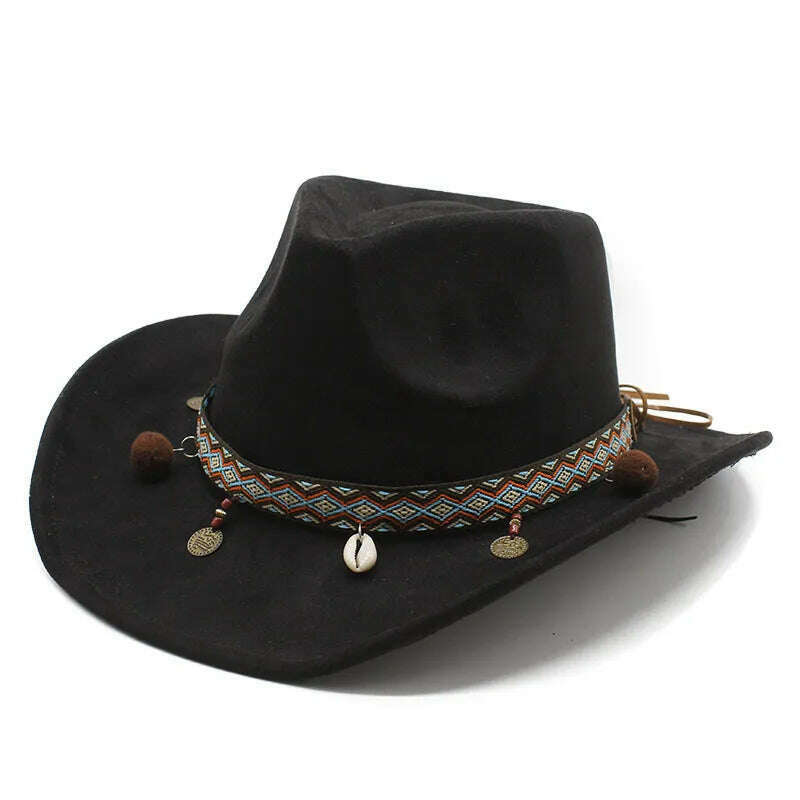 KIMLUD, Unisex Cowboy Hats Western Caps For Women And Men Suede 57-58cm Decorative Shells Braided Straps Retro Design Jazz Style NZ0125, black / 57-58cm, KIMLUD APPAREL - Womens Clothes