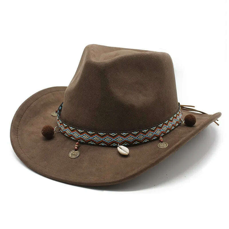 KIMLUD, Unisex Cowboy Hats Western Caps For Women And Men Suede 57-58cm Decorative Shells Braided Straps Retro Design Jazz Style NZ0125, Brown / 57-58cm, KIMLUD APPAREL - Womens Clothes