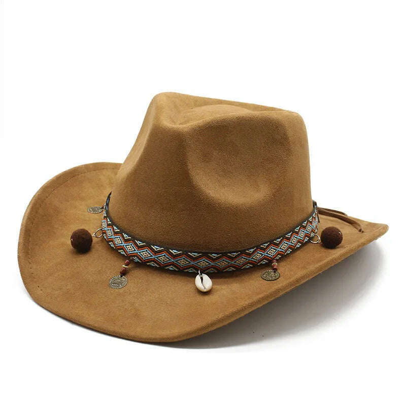 KIMLUD, Unisex Cowboy Hats Western Caps For Women And Men Suede 57-58cm Decorative Shells Braided Straps Retro Design Jazz Style NZ0125, Khaki / 57-58cm, KIMLUD APPAREL - Womens Clothes