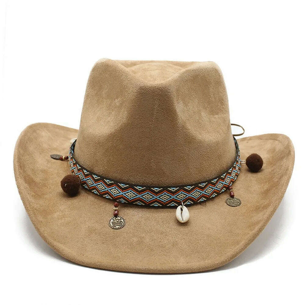 KIMLUD, Unisex Cowboy Hats Western Caps For Women And Men Suede 57-58cm Decorative Shells Braided Straps Retro Design Jazz Style NZ0125, KIMLUD Womens Clothes