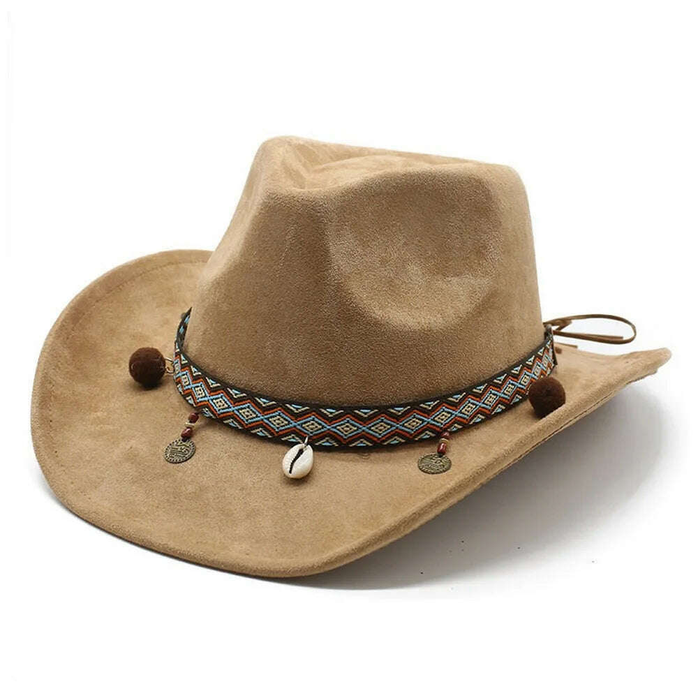 KIMLUD, Unisex Cowboy Hats Western Caps For Women And Men Suede 57-58cm Decorative Shells Braided Straps Retro Design Jazz Style NZ0125, Beige / 57-58cm, KIMLUD APPAREL - Womens Clothes