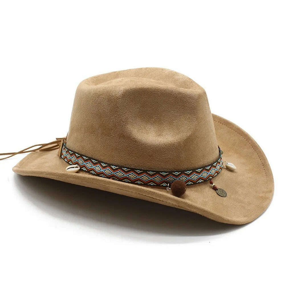 KIMLUD, Unisex Cowboy Hats Western Caps For Women And Men Suede 57-58cm Decorative Shells Braided Straps Retro Design Jazz Style NZ0125, KIMLUD Womens Clothes