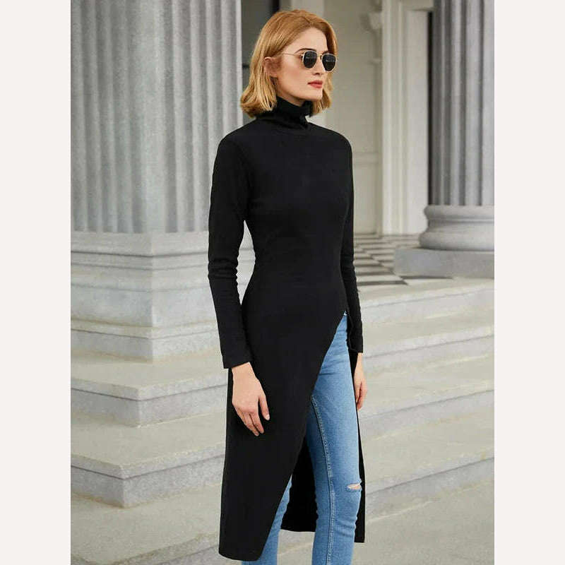 KIMLUD, Uoozee 2023 New Black Long Sleeves Skinny Tops Spring Korean Fashion Split-Side Turtleneck T-Shirt Long Shirt Top For Women, KIMLUD Womens Clothes