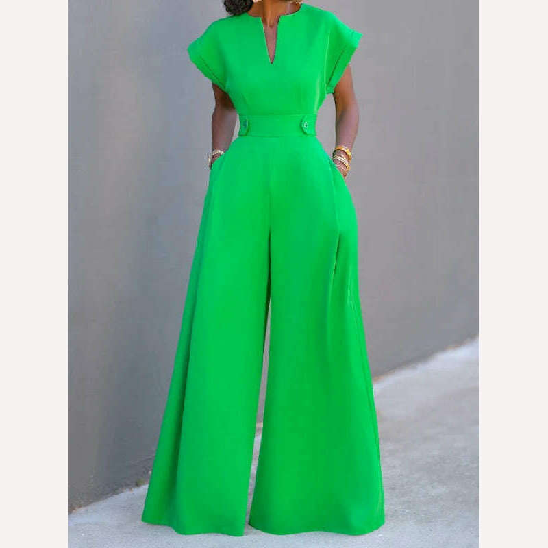 Uoozee Female Elegant Party Evening Jumpsuit 2023 New Summer Fashion Solid Color Cap Sleeve Wide Leg Summer Jumpsuits For Women - KIMLUD