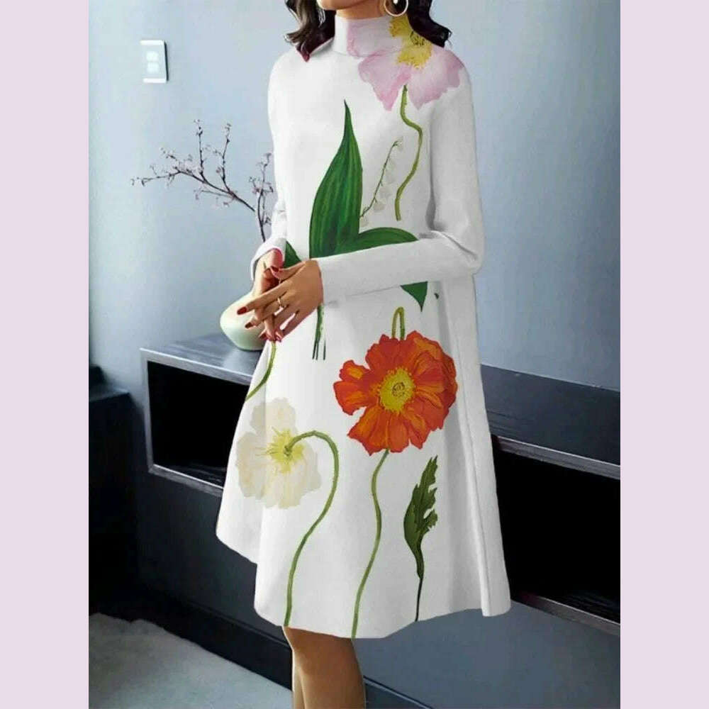 KIMLUD, UOOZEE Women British Style High Neck Evening Midi Dresses 2025 New Autumn Flower Printed Long Sleeves Elegant A-line Dress, KIMLUD Womens Clothes