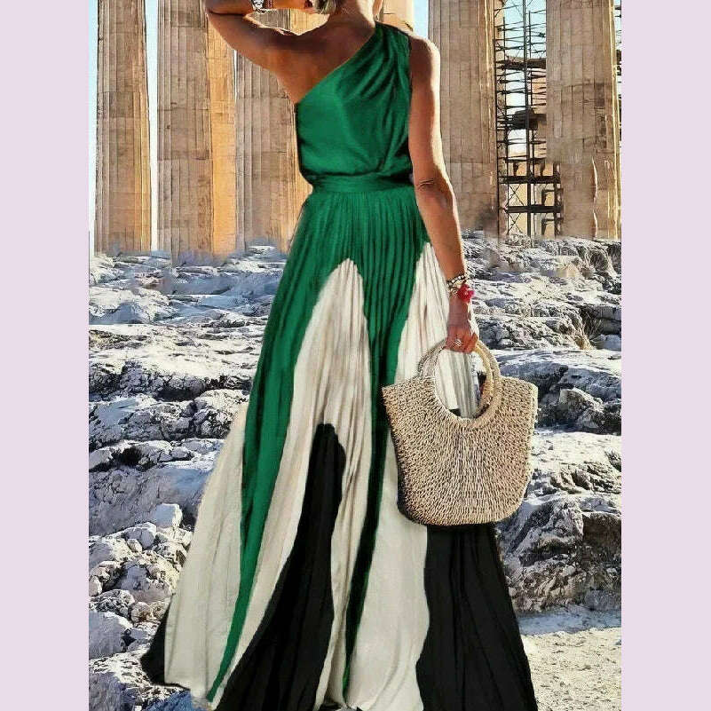 KIMLUD, Uoozee Women Fashion Printed Elegant Party Evening Dresses 2024 New Summer Sleeveless One-Shoulder Pleated A-Line Long Dress, KIMLUD Womens Clothes