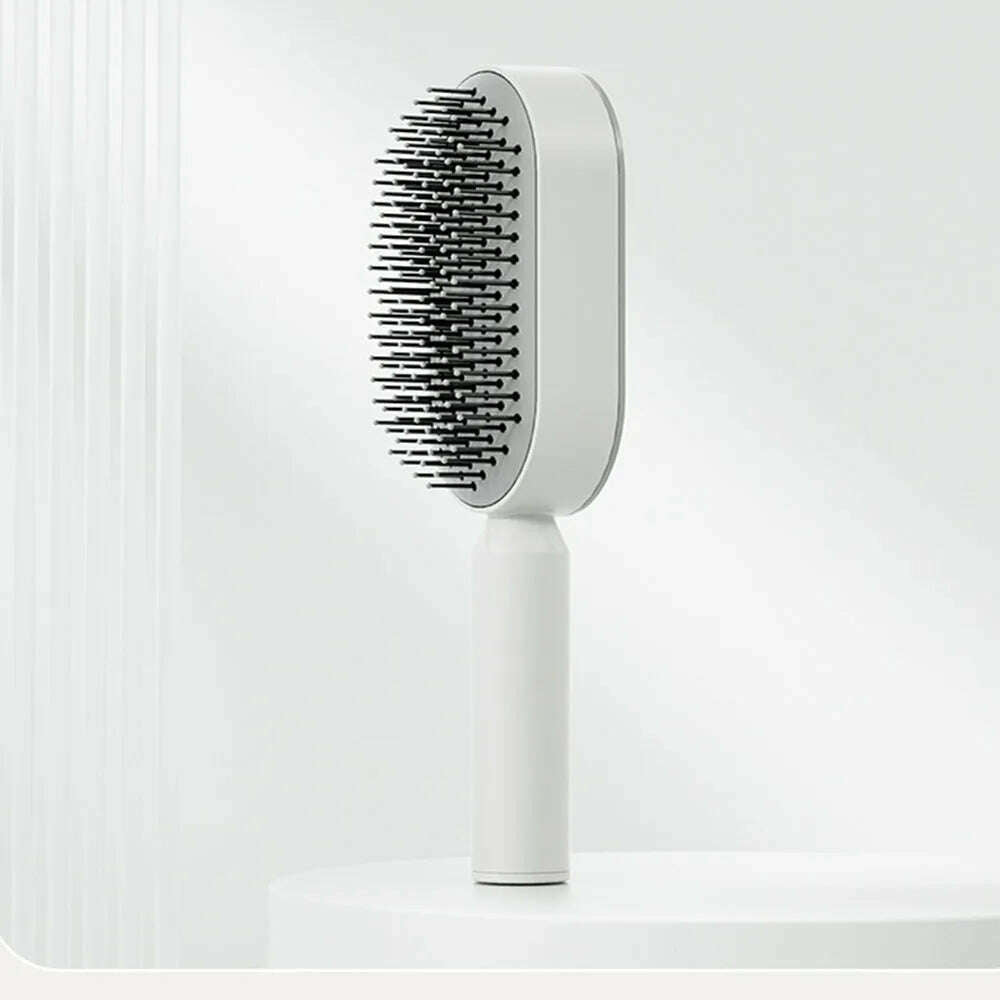 KIMLUD, Upgraded Press-Type Self Cleaning Hair Brush Air Cushion Comb Ladies LongHair 3D Central Airbag Massage Comb Household Hairbrush, Elegant White / CHINA, KIMLUD APPAREL - Womens Clothes