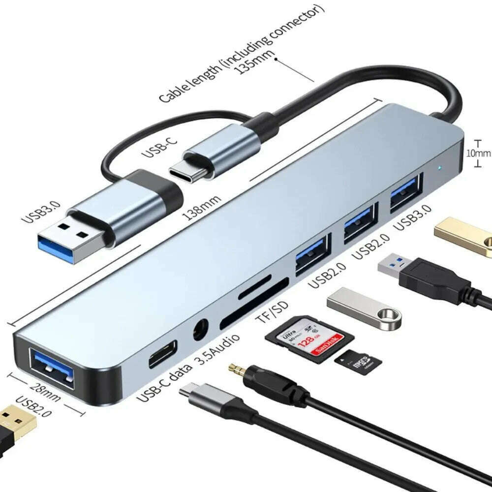 USB C Hub USB Splitter 8 in 2 USB Extender with 4 USB Port 1 USBC Port TF/SD Card Reader Audio Output Compatible with MacBook - KIMLUD