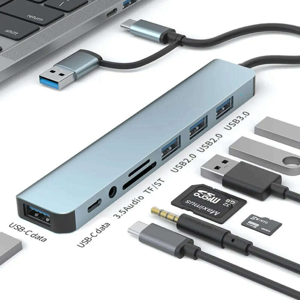 USB C Hub USB Splitter 8 in 2 USB Extender with 4 USB Port 1 USBC Port TF/SD Card Reader Audio Output Compatible with MacBook - KIMLUD