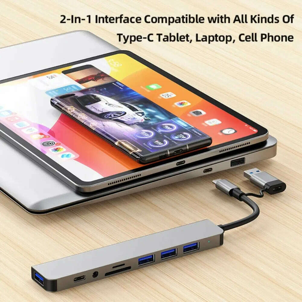 USB C Hub USB Splitter 8 in 2 USB Extender with 4 USB Port 1 USBC Port TF/SD Card Reader Audio Output Compatible with MacBook - KIMLUD