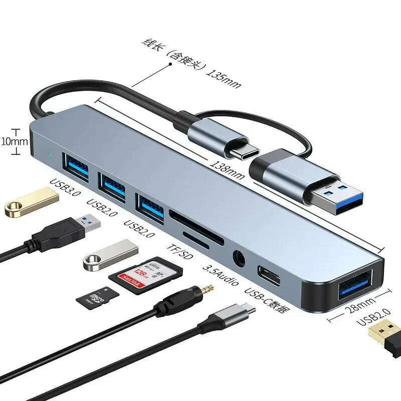 USB C Hub USB Splitter 8 in 2 USB Extender with 4 USB Port 1 USBC Port TF/SD Card Reader Audio Output Compatible with MacBook - KIMLUD