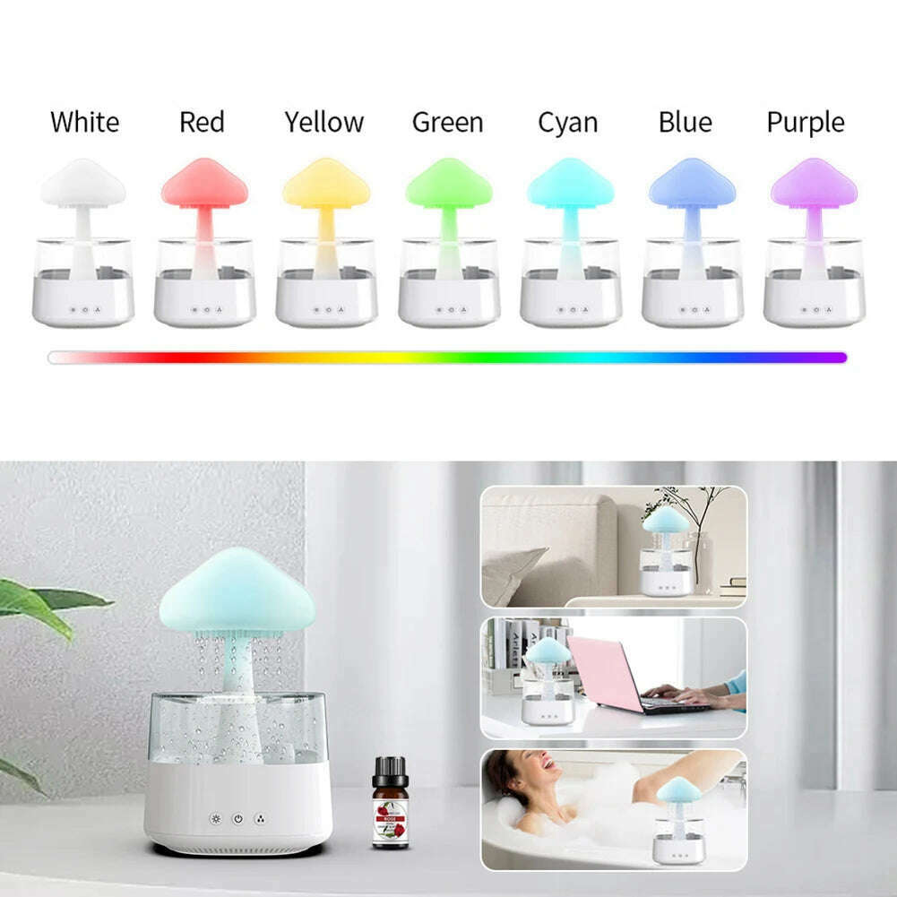 USB Colorful Night Lights Air Humidifier Mushroom Rain Aroma Diffuser Rain Cloud Smell Distributor Relax Water Drops Sounds - KIMLUD