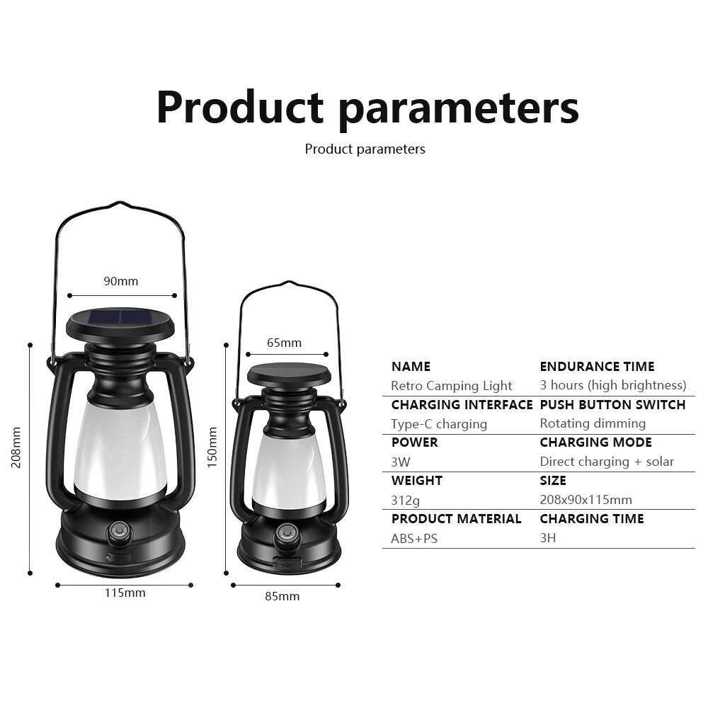 USB Rechargeable Camping Light Portable Camping Lanterns Hanging Tent Light 3000-5000K Stepless Dimming with Solar Charging - KIMLUD