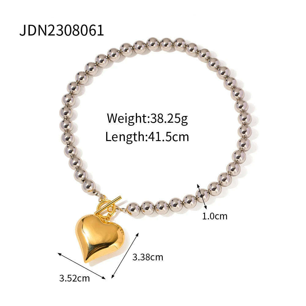 KIMLUD, Uworld 18k Gold Plated Stainless Steel Round Bead Jewelry Gift T Bar Chunky Heart Love Necklace Metal Waterproof Jewelry Women, JDN2308061, KIMLUD APPAREL - Womens Clothes