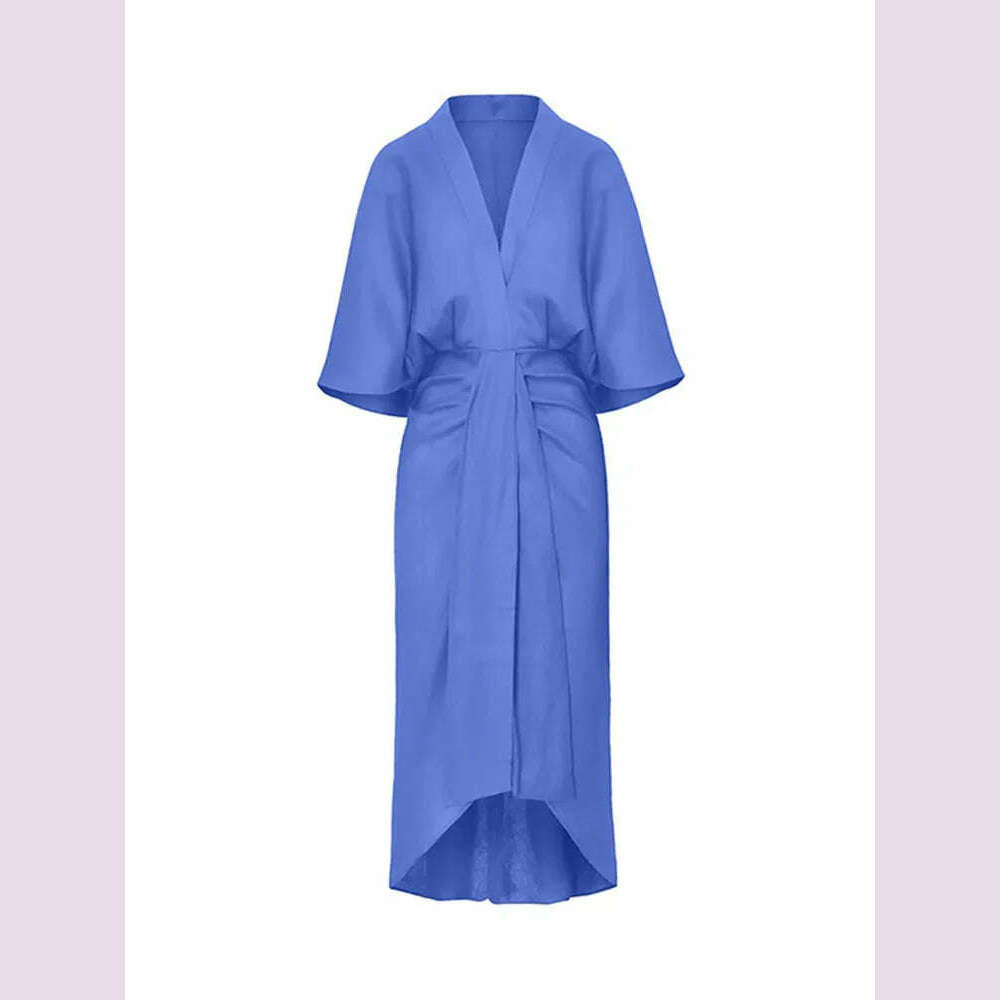 KIMLUD, V-neck Long Flare Sleeves Pleated Midi Dress Women Casual Loose Irregular Hem Robes 2024 New Fashion Lady Party Prom Vestidos, Blue / M, KIMLUD APPAREL - Womens Clothes