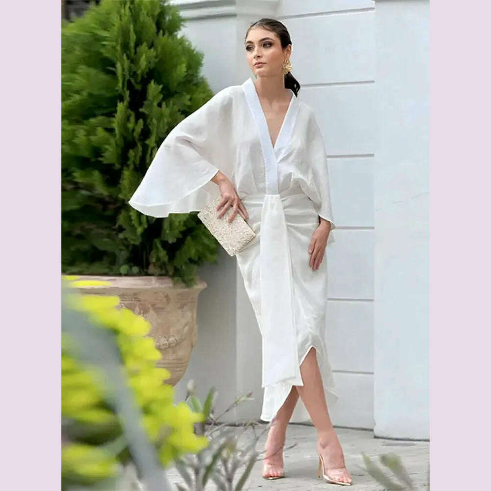 KIMLUD, V-neck Long Flare Sleeves Pleated Midi Dress Women Casual Loose Irregular Hem Robes 2024 New Fashion Lady Party Prom Vestidos, KIMLUD Womens Clothes