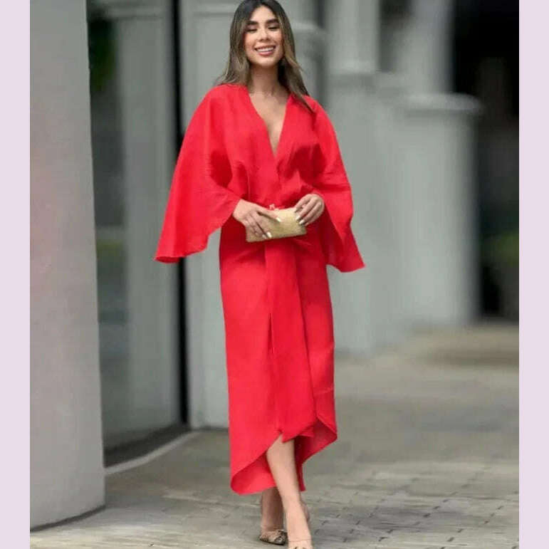 KIMLUD, V-neck Long Flare Sleeves Pleated Midi Dress Women Casual Loose Irregular Hem Robes 2024 New Fashion Lady Party Prom Vestidos, KIMLUD Womens Clothes