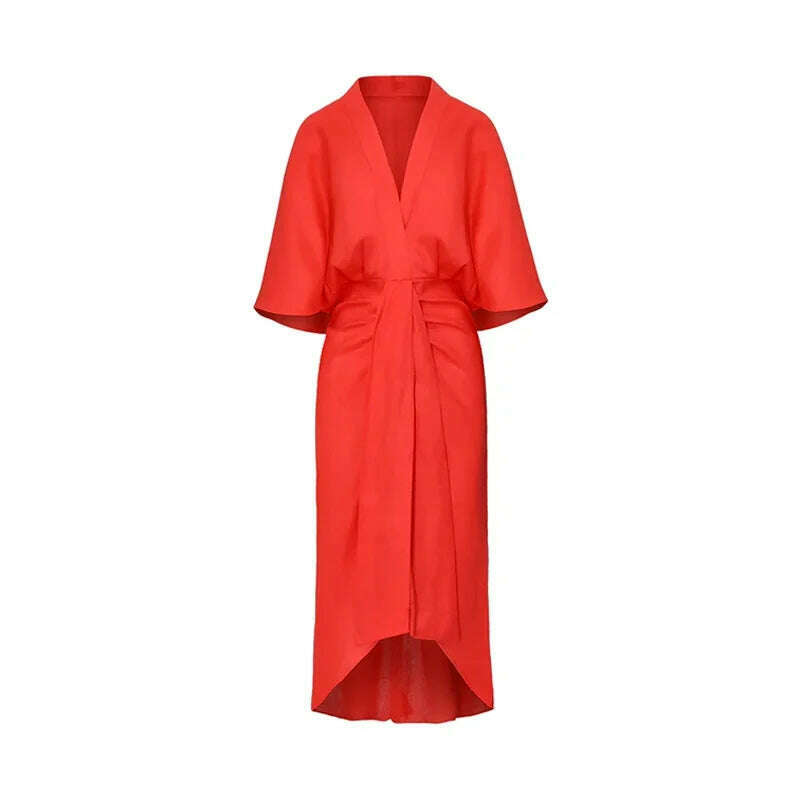 KIMLUD, V-neck Long Flare Sleeves Pleated Midi Dress Women Casual Loose Irregular Hem Robes 2024 New Fashion Lady Party Prom Vestidos, KIMLUD Womens Clothes