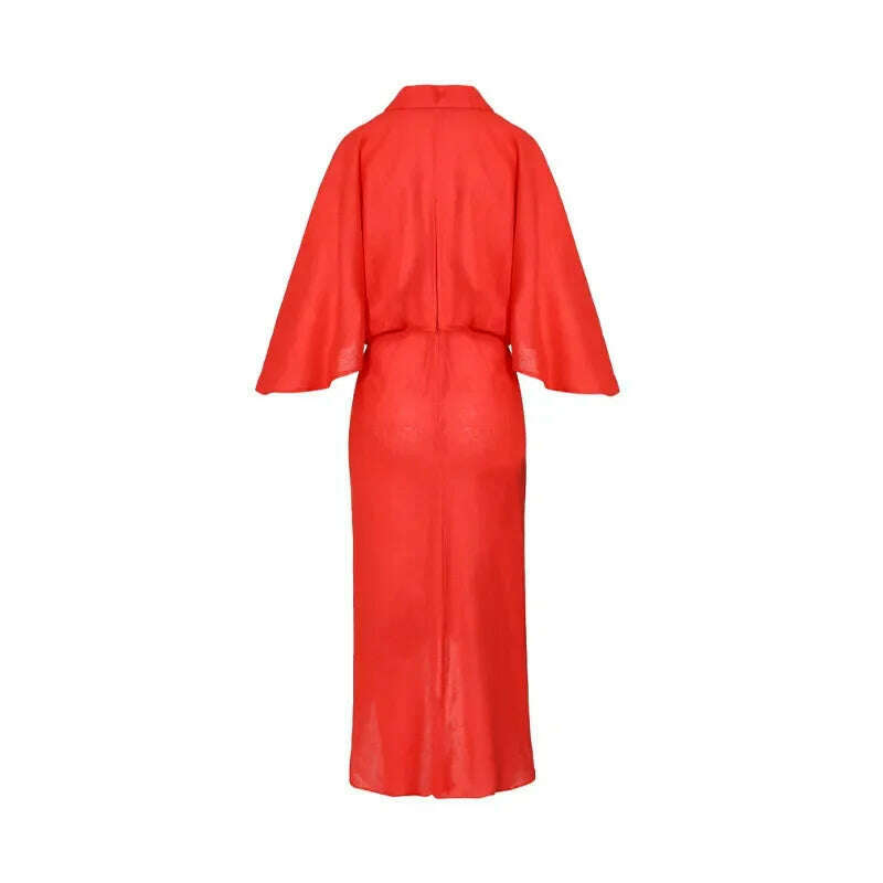 KIMLUD, V-neck Long Flare Sleeves Pleated Midi Dress Women Casual Loose Irregular Hem Robes 2024 New Fashion Lady Party Prom Vestidos, KIMLUD Womens Clothes