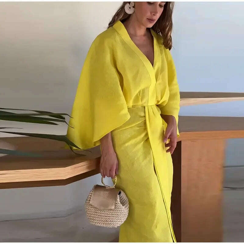 KIMLUD, V-neck Long Flare Sleeves Pleated Midi Dress Women Casual Loose Irregular Hem Robes 2024 New Fashion Lady Party Prom Vestidos, Yellow / M, KIMLUD APPAREL - Womens Clothes