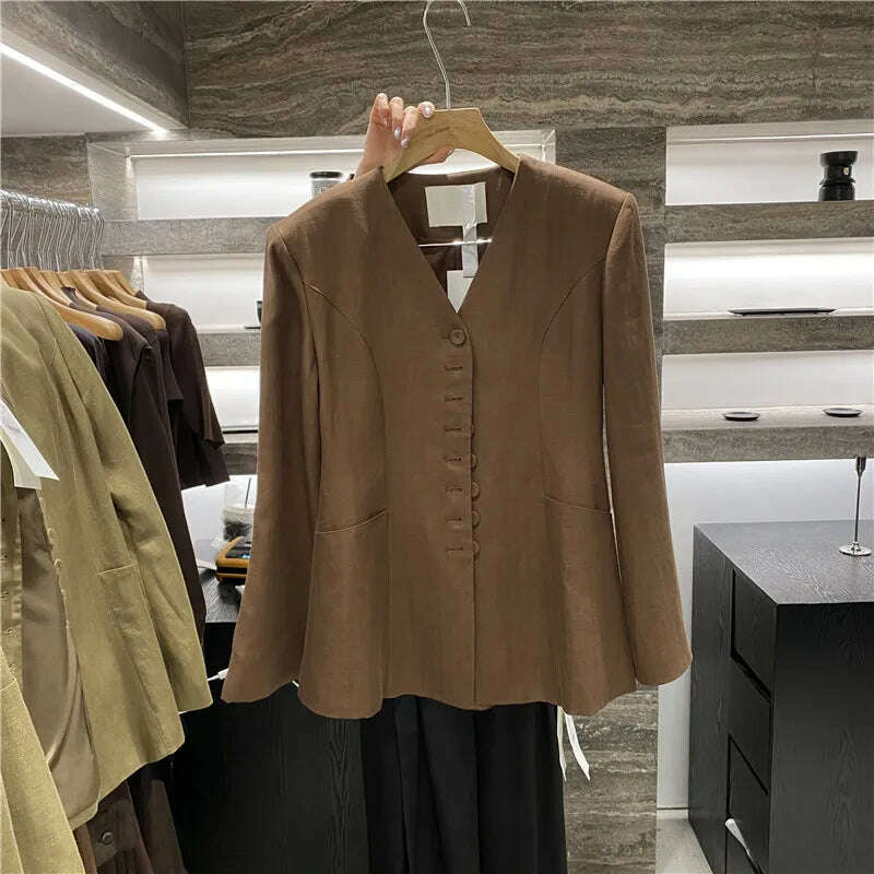 KIMLUD, V-neck single breasted suit with waistband and three-dimensional cut suit jacket for women, coffee blazer / XXL, KIMLUD APPAREL - Womens Clothes