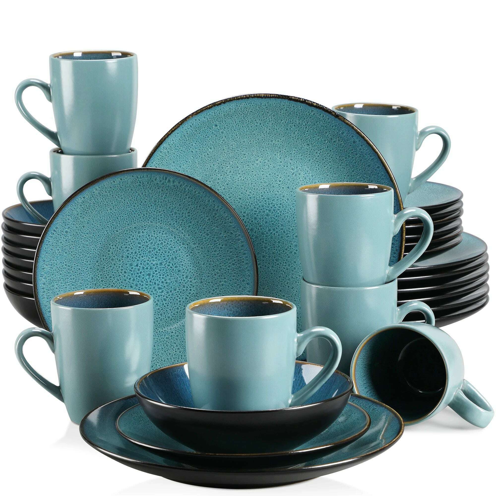 KIMLUD, VANCASSO BUBBLE 16/32/48-Piece Tableware Set Vintage Ceramic Blue/Brown Stoneware Set with Dinner&Dessert Plate,Bowl,Coffee Cups, Green-32-Piece / United Kingdom, KIMLUD APPAREL - Womens Clothes