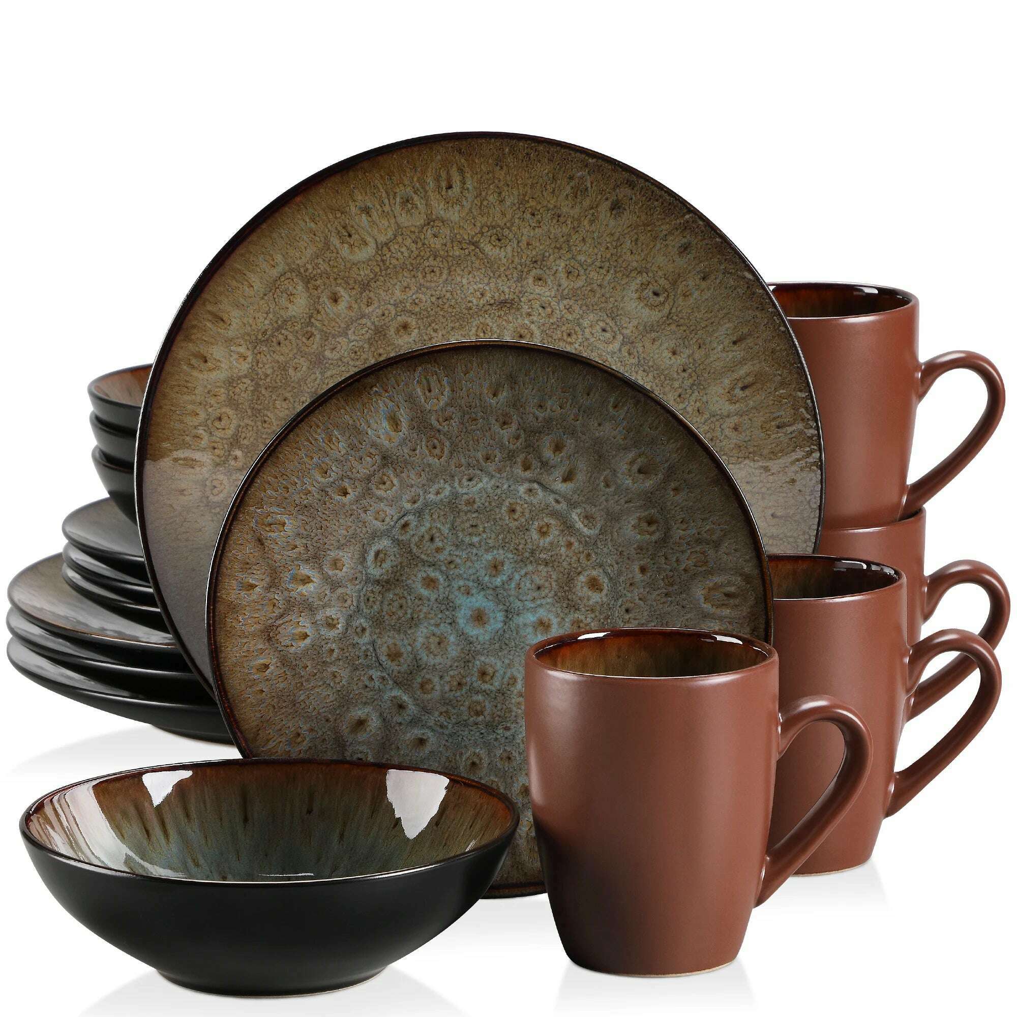 KIMLUD, VANCASSO BUBBLE 16/32/48-Piece Tableware Set Vintage Ceramic Blue/Brown Stoneware Set with Dinner&Dessert Plate,Bowl,Coffee Cups, Brown-16-Piece / United Kingdom, KIMLUD APPAREL - Womens Clothes