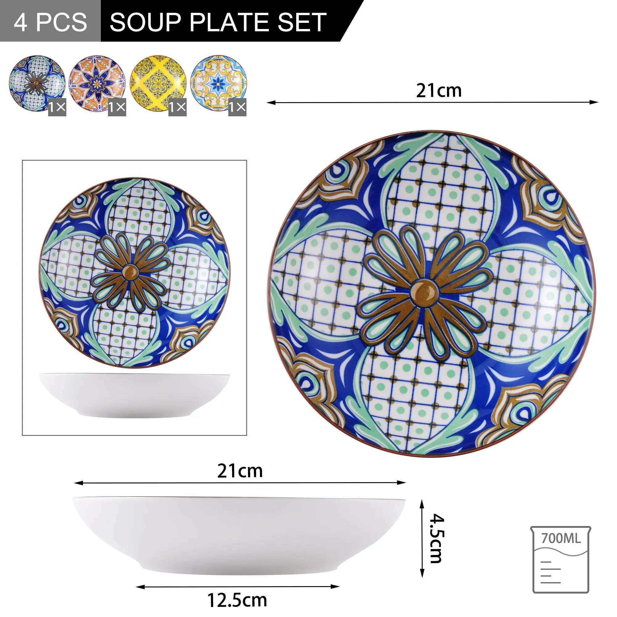 Vancasso JASMIN 4/8/12 Piece Porcelain Soup Plate Set Aladin Style 21cm 700ml Soup Plate Bowl Service for 4/8/12 Person - KIMLUD