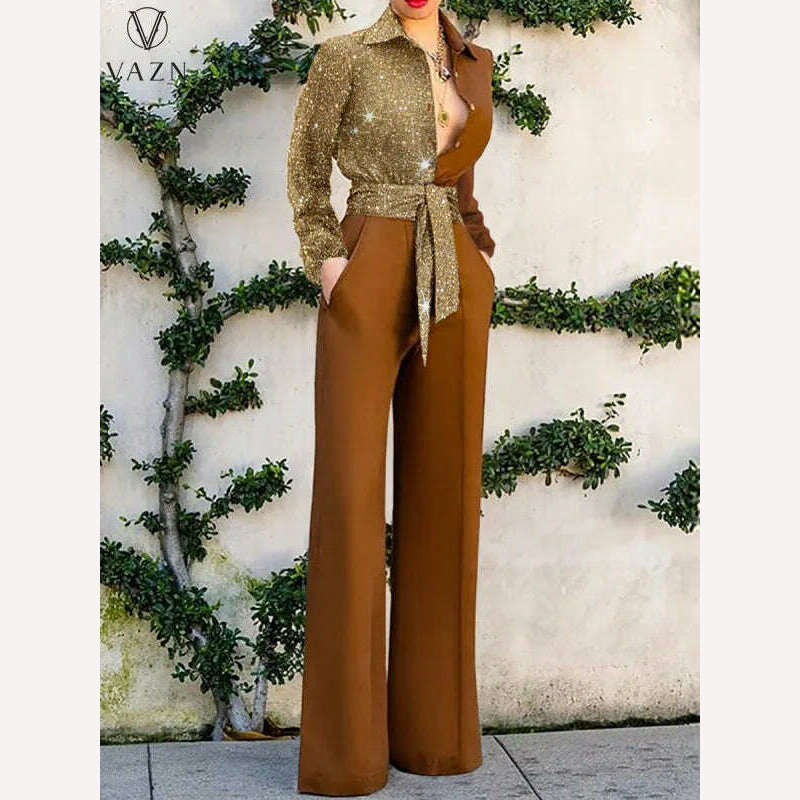 KIMLUD, VAZN 2022 Sequins High Street Style Women Spring Fashion New Jumpsuits Long Sleeve Lapel  Jumpsuits Long Pants, Yellow / S / CN, KIMLUD APPAREL - Womens Clothes